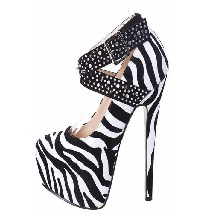 

Hot Zebra Leopard High Heel Pumps Women Cross Straps Thin Heels Shoes Platform Rhinestone Shoes Metal Button Spring Party Shoes