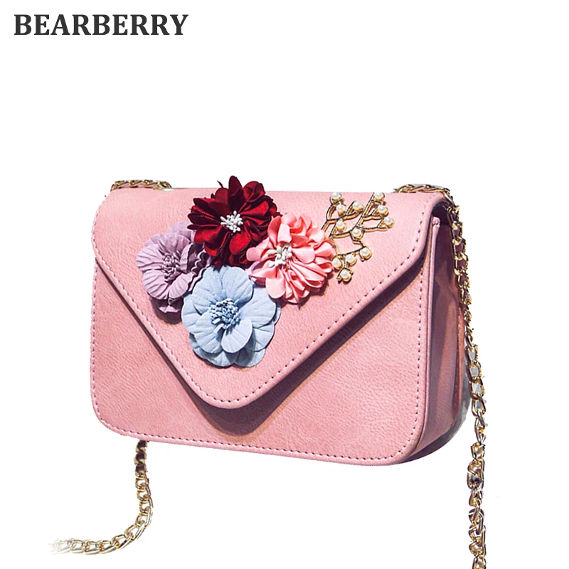 

Bearberry 2017 hot sales handmade flowers shoulder bags summer phone bags cross body bags for girls with chain  5 colors MN622