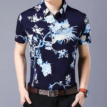 Европа Летняя мужская мода Свободный отложной воротник короткий рукав печать морщин свободные блузки мужские деловые рубашки офис