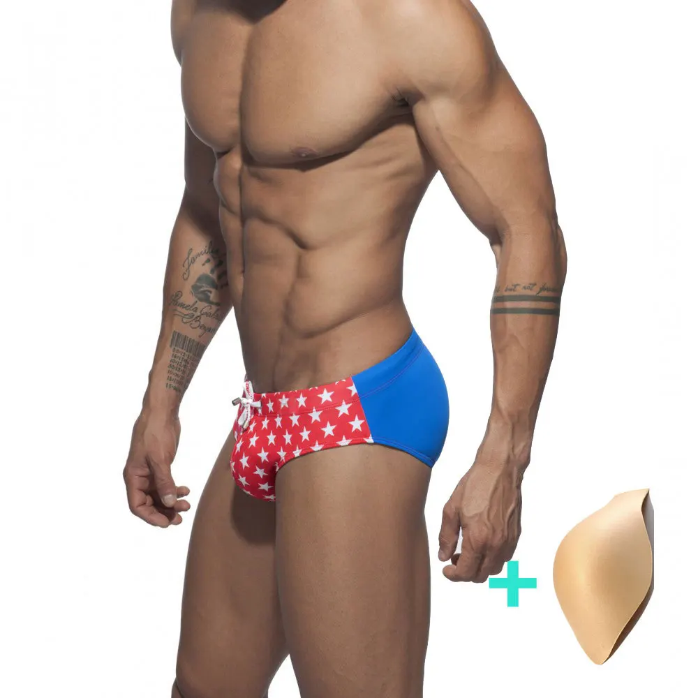 

Swimwear Summer Man Swimming Trunk+Push Pad Briefs Star Low-Waist Sexy Man Swimwear Beach Bikini Men Swimsuits Quick Dry Bathing