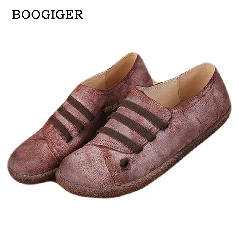 

2017 Handmade Women Flats Khaki Retro Casual Leather Flats For Women Slip On Wine Red Shoes Autumn Round Toe Comfortable Flats