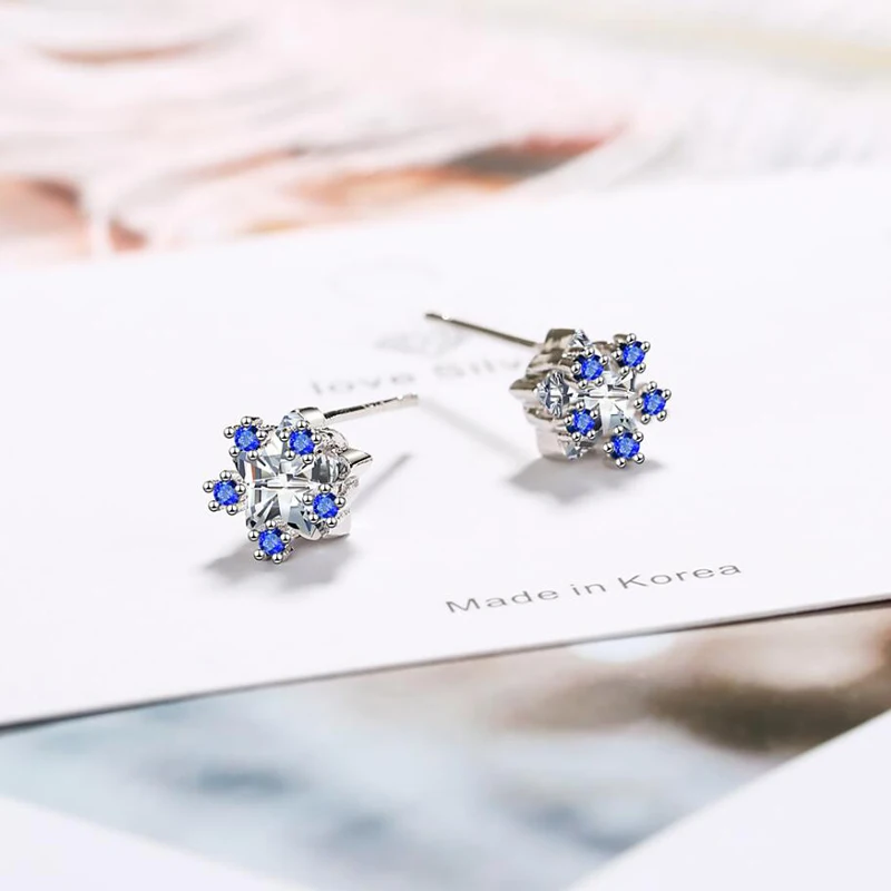

KOFSAC Exquisite 925 Sterling Silver Earrings For Women Jewelry Shiny Zircon Blue Star Stud Earring Lady Engagement Accessories