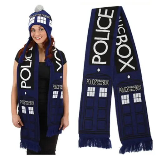 Dr Doctor Who, костюм для косплея, праздничная коробка, 8 дюймов, синий зимний теплый шарф, том Бейкер, вязаная полосатая вязаная шапка, шапочка, подарок
