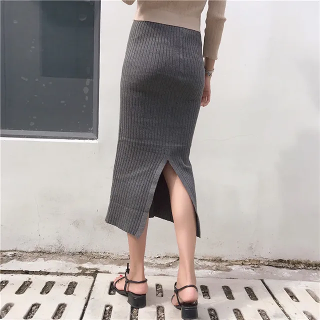 Women Skirts Knitting Solid Female Pencil Skirt Autumn Winter High Waist with Package Hip Split Ends Long Skirt