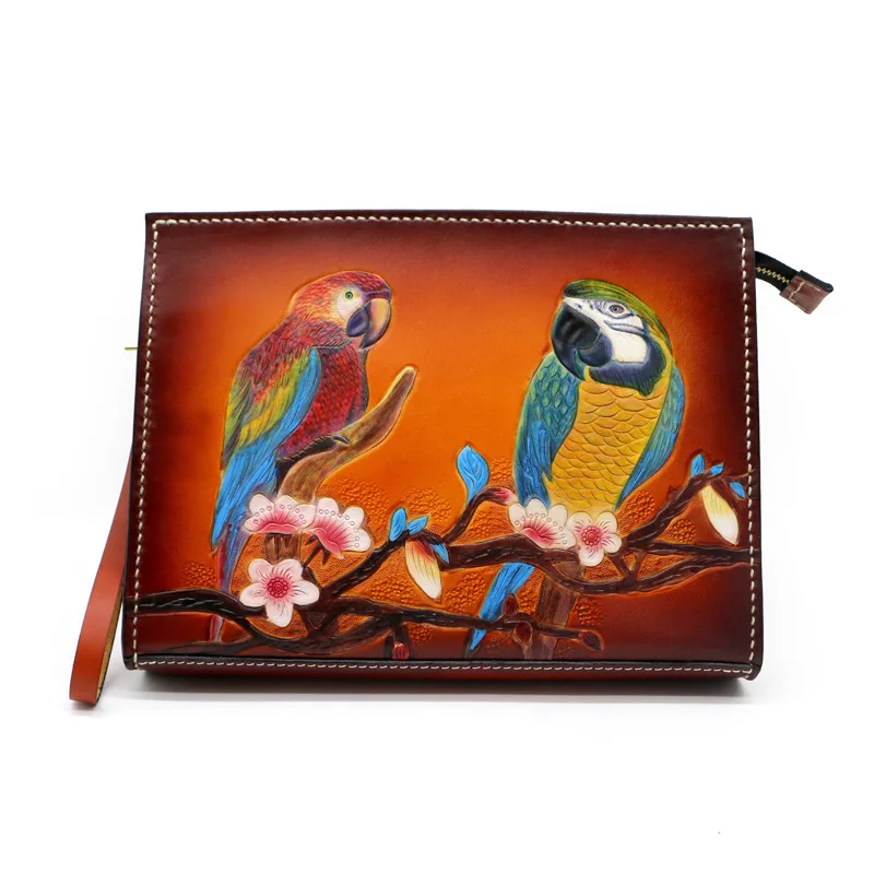 

Women Men Vegetable Tanned Leather Bag Money Holder Clutch Purse Hand Carving Plum Blossom Lovers Parrots Clutches Envelope