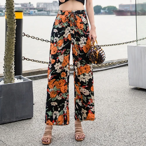 

TingYiLi Floral Print Palazzo Pants Summer Boho Pants With Slit Holiday Beach Casual Pants Women