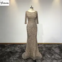 Новое поступление три четверти рукава совок шеи платье бисер ручной работы Вечерние платья Кристалл Красочные вечернее платье со шлейфом