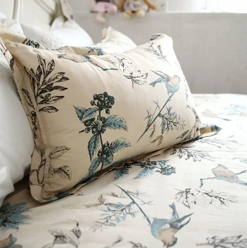 2pcs bird print pillow case ruffle lace pillow cover American style