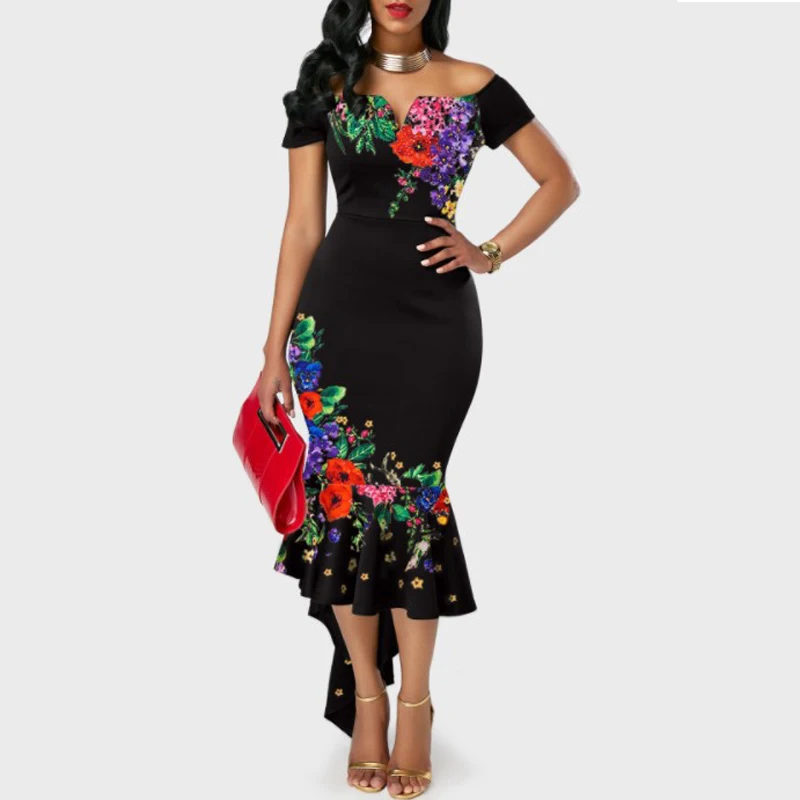 

Sexy Summer Women Bodycon Dresses Fashion Stitching Print Slash Neck Dresses 2019 European Irregular Fishtail Dress Vestidos 365
