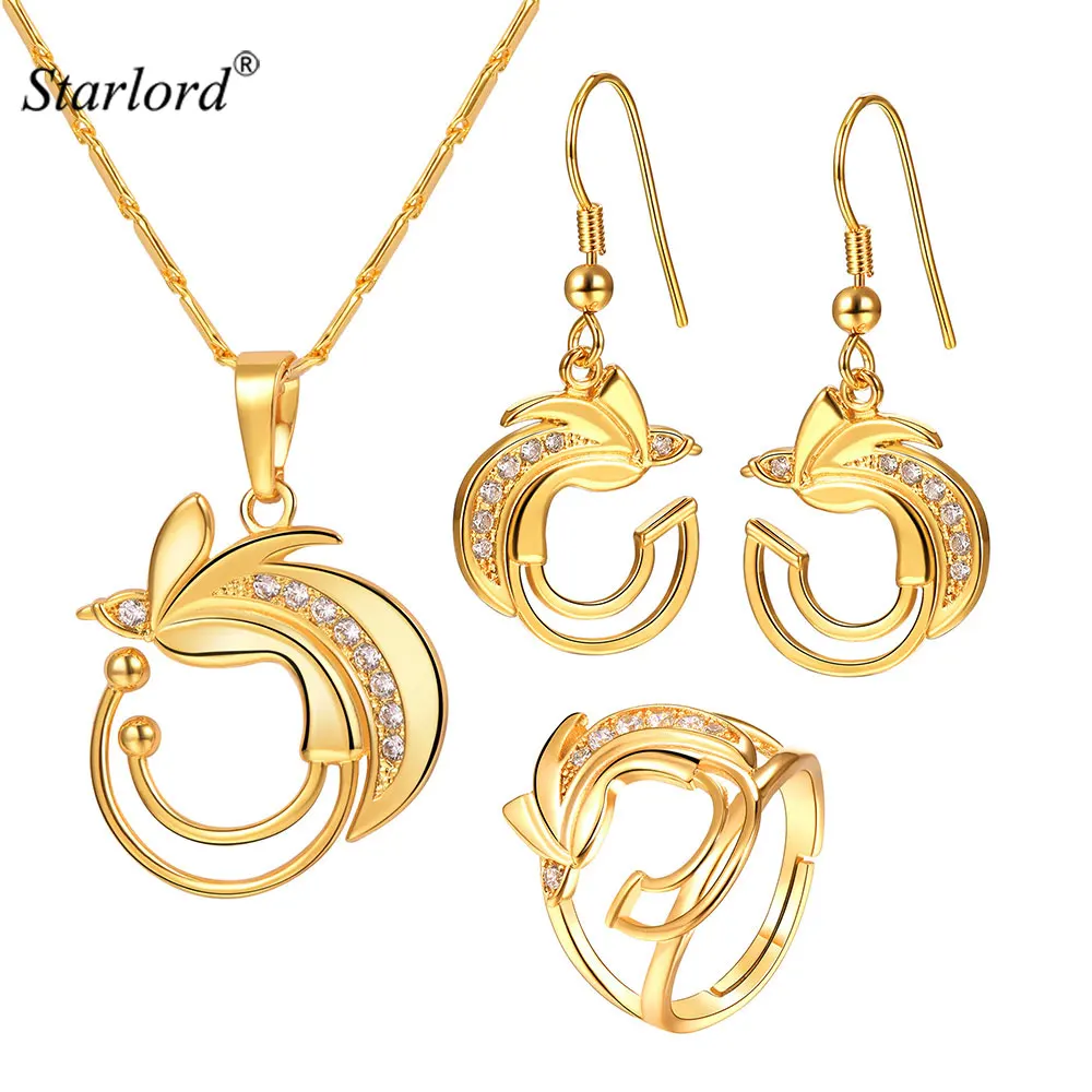 

Birds of Paradise Necklace&Dangle Earrings& Adjustable Ring Set Gold Australia/Papua New Guinea Indian Jewelry Set PER2403