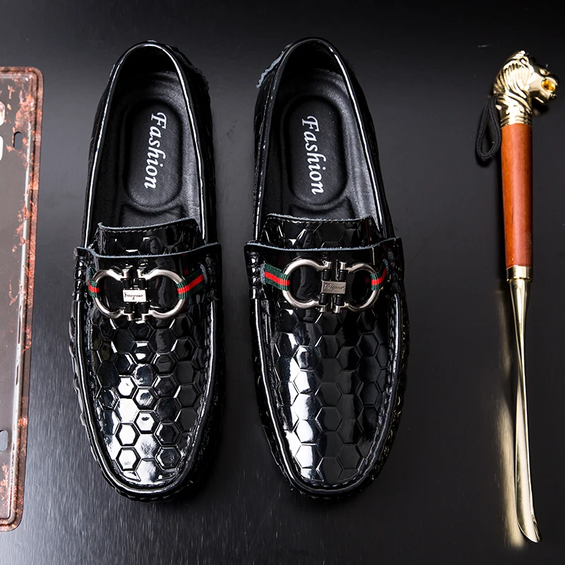

Trendy Glossy Lattice Men Loafers British Genuine Style Leather Loafers Flats Non-slip Driving Shoes Soft Handmade Casual Shoes
