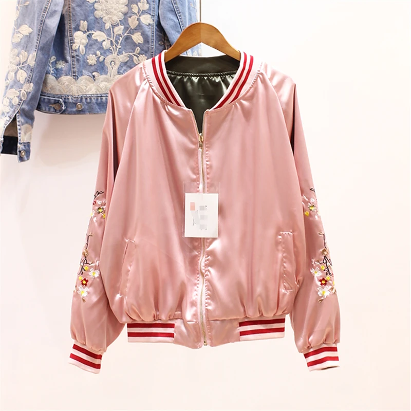 

2019 Summer New Both Sides Wearing Cool Baseball Embroidery Uniform Female Bomber Jacket Long-sleeved Casual Coats Women Jackets