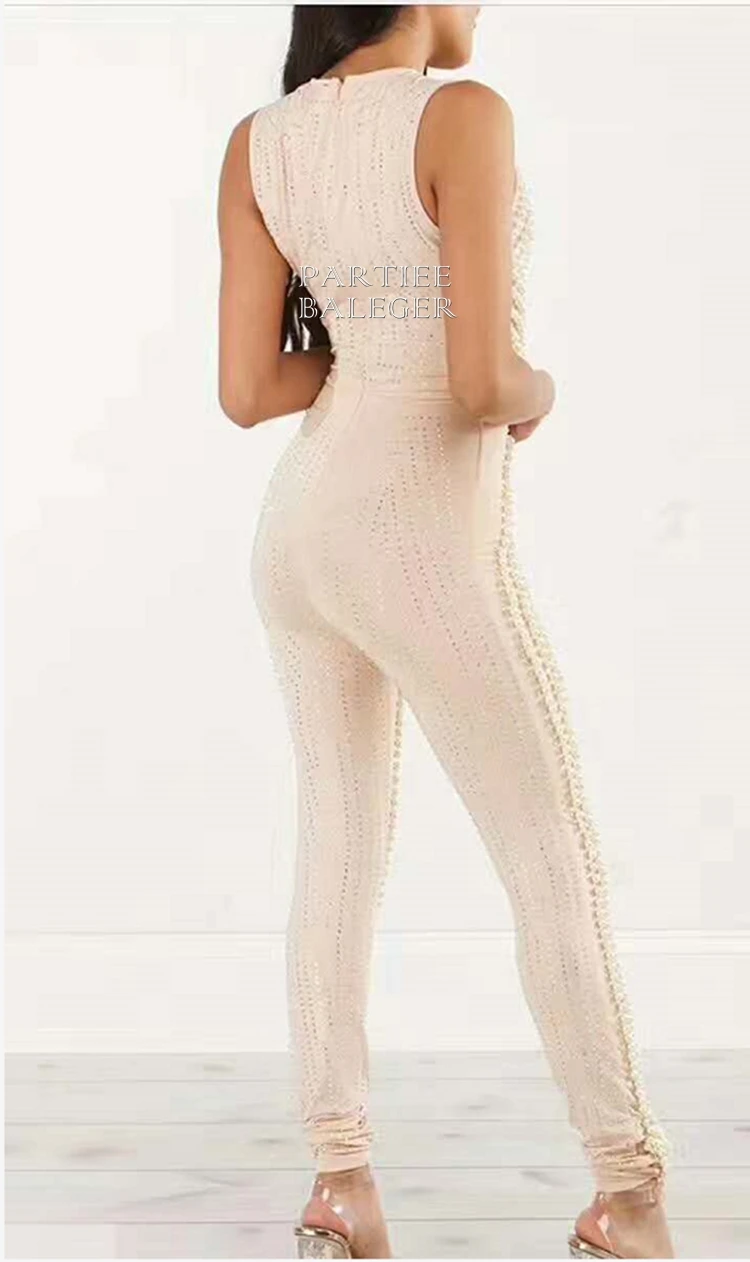Soirée Parti Célébrité noir Maigre Sexy Sans Élégante Mode Nouvelle Embelli Beige Manches Luxe 2019 Salopette Arrivée Perles De xqRO6nHgw