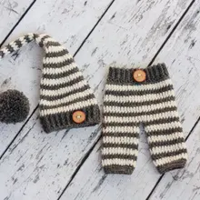 Длинный хвост эльфы полосатая шляпа с подходящими штанами Детские костюмы для новорожденных ручной работы крючком опора, хлопок