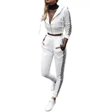 Осенний комплект из 2 частей женская обувь на застежке-молнии спортивный костюм спортивная белый с капюшоном укороченные длинный рукав футболка+ брюки Повседневное спортивные костюм