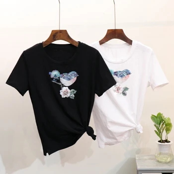 

Spring Summer New Fashion T Shirt Women Beaded Sequin Bird Short Sleeve T-shirt White / Black Tees Split Tops for Women Femme