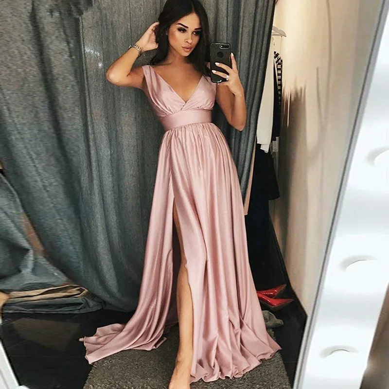 

Simple V Neck Chiffon A-Line Pink Evening Dresses with Slit Floor Length Cheap Party Gowns 2019 Prom Long Elegant Black Dresses