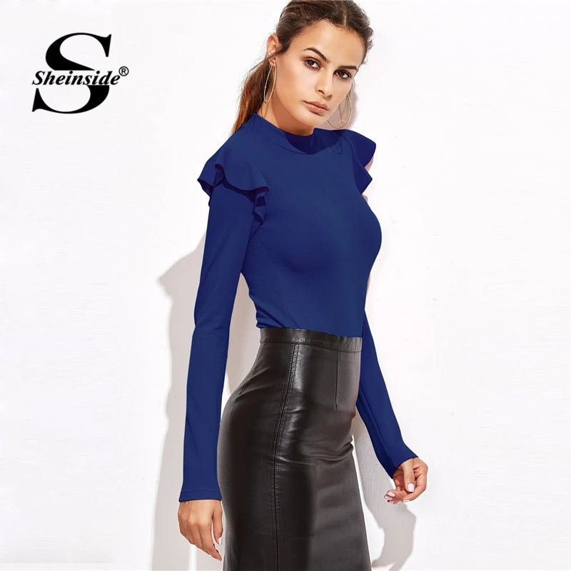 Sheinside الأزرق موك الرقبة الرتوش التفاصيل محكم ارتداءها ملابس حريمي كم طويل ارتداءها 2018 منتصف الخصر السيدات مثير داخلية