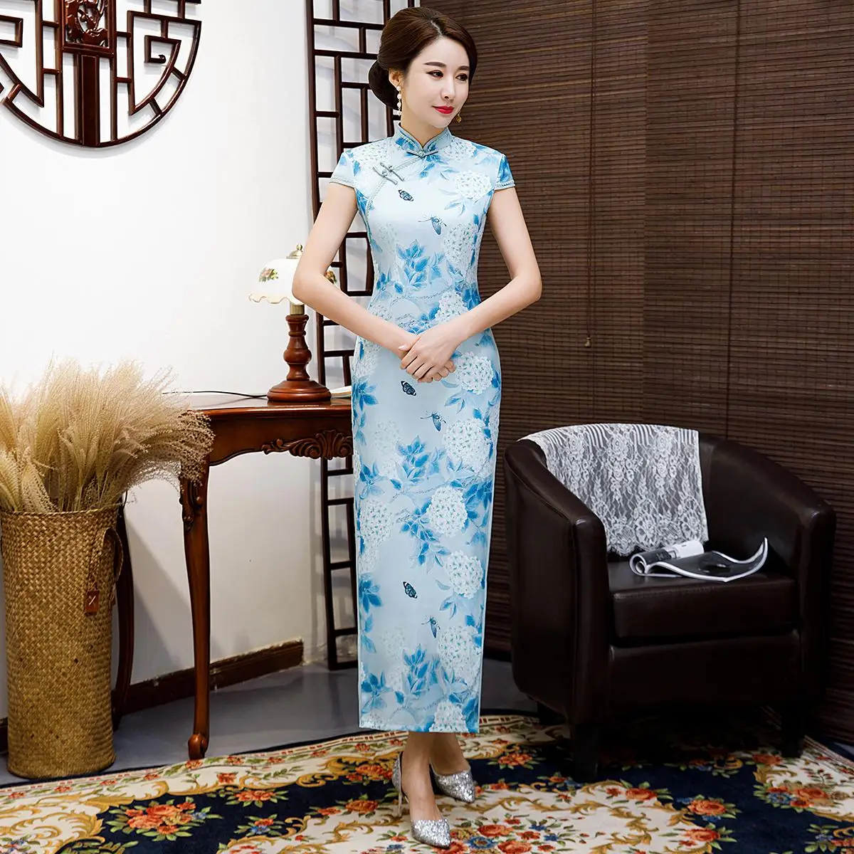 Весенне-летнее китайское женское высокий разрез пикантное Qipao большого размера 3XL 4XL с цветочным принтом для сцены Cheongsam элегантное вечернее платье - Цвет: Style 2
