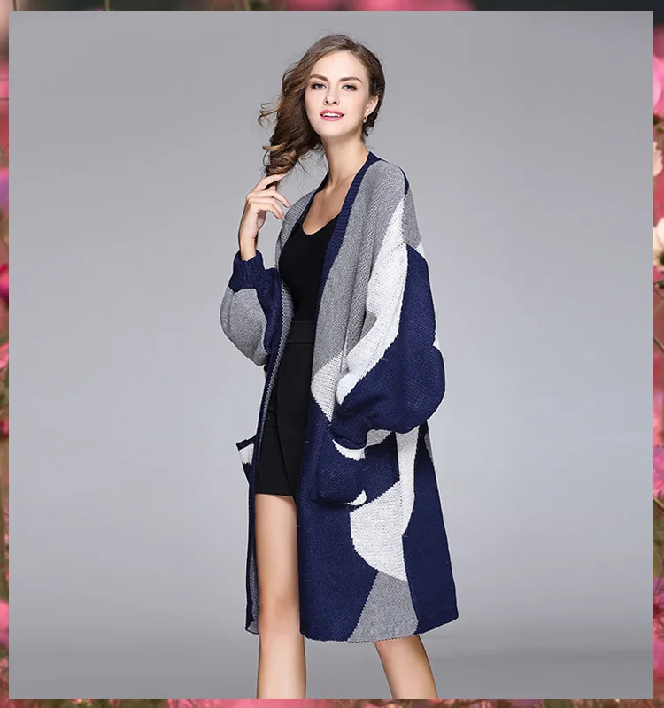 European Style Oversized Cardigans Sweater Women Geometric Printed Long