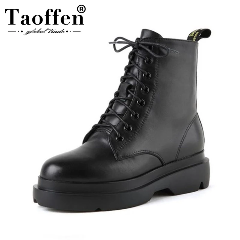 

TAOFFEN Ankle Boots Women Lace Up Real Leather Flats Shoes Woman Autumn Winter Daily Casual Boots Women Footwear Size 34-39