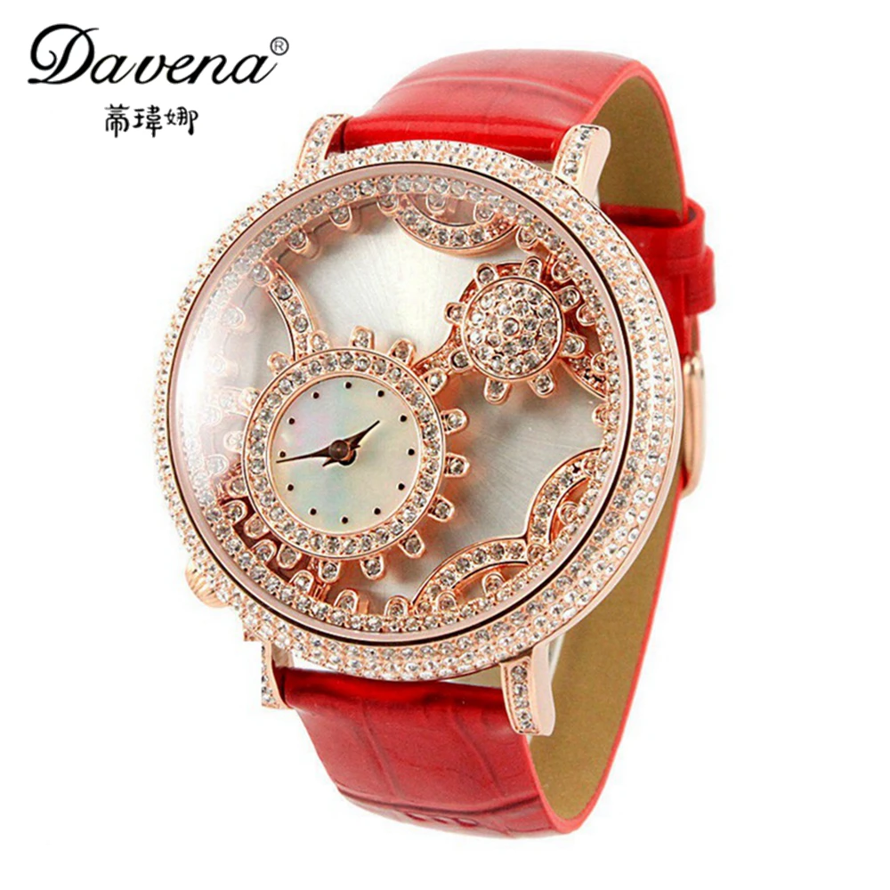 

Hot womens leather gear wristwatch New women dress rhinestone watches fashion casual Miyota quartz watch Best Davena 30149 clock