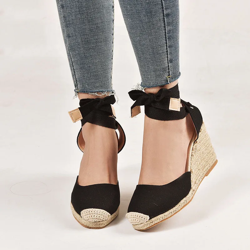 

Senza Fretta Spring Wedges Shoes for Women Sandals Straw Linen Big Size Lace up Sandals Ankle Strap platform zapatos de mujer