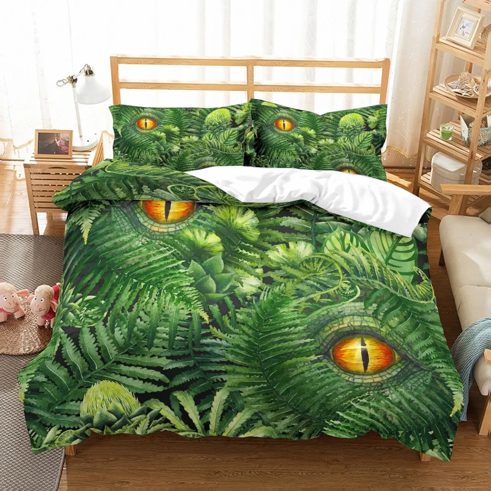 

3PCS Lifelike Dino Eyes Bedding Set 3D Printed Tropical Plants Duvet Cover Set Luxury Microfiber Family Bed Linen Set Pillowcase