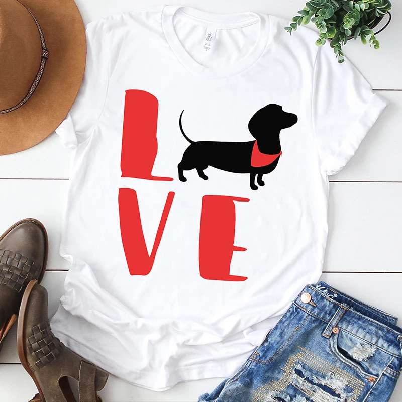 Футболка с принтом «Love Dogs» для женщин, хлопковая Футболка с принтом таксы, футболка с короткими рукавами, Kawaii, одежда для влюбленных животных, топы, футболка, Прямая