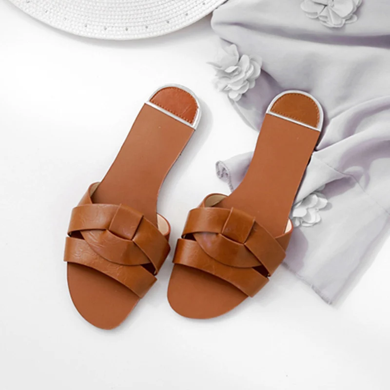 

Summer Beach Pu Slippers Women Sandies Ladies Flats Comfy Outdoor Slides Solid Soft Casual Sewing 2019 Fashion Shoes Woman