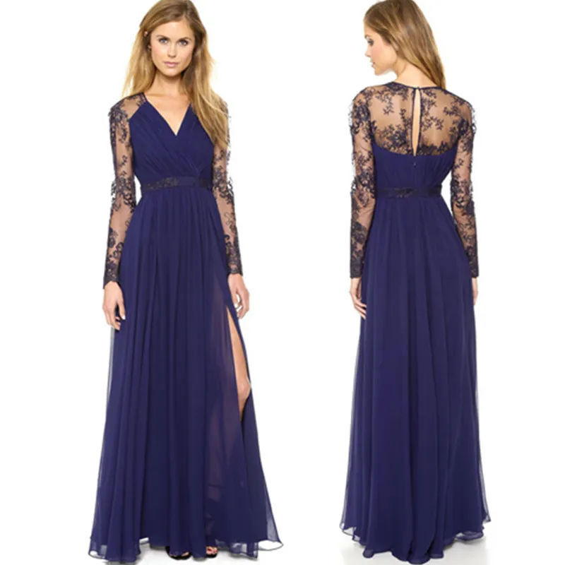 

2018 Spring New Women Embroidered Lace Dress Long-sleeve Dress Long Fashion Chiffon Dress