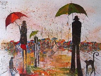 

Modern handmade painting girl and cat in raining on oil canvas for home decor and wallpaper