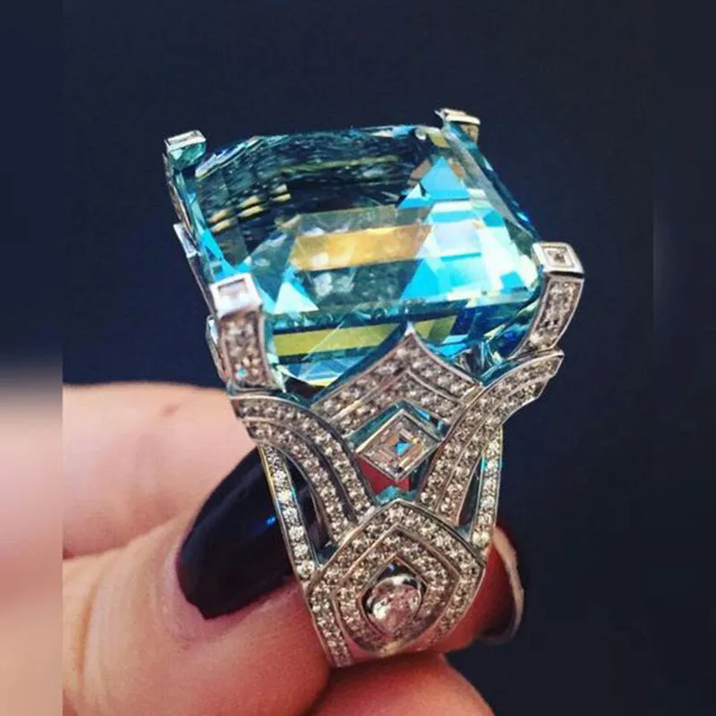 

Luxury Square Blue Cut Zircon Wedding Rings For Women Hollow Silver Shiny Crystal Promise Engagement Rings Jewelry Z4M034