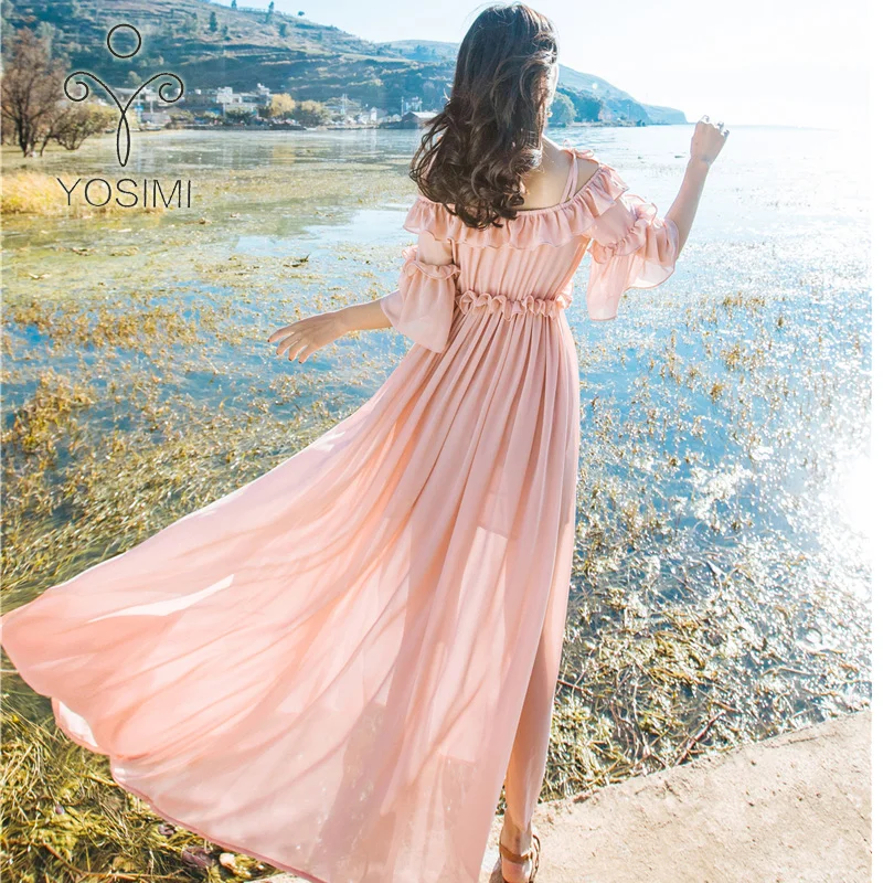 YOSIMI 2017 Summer Maxi  Halter Dress Chiffon Long Dress  Off-the-shoulder Dress Half Sleeve Beach  Long Dresses Tunic female