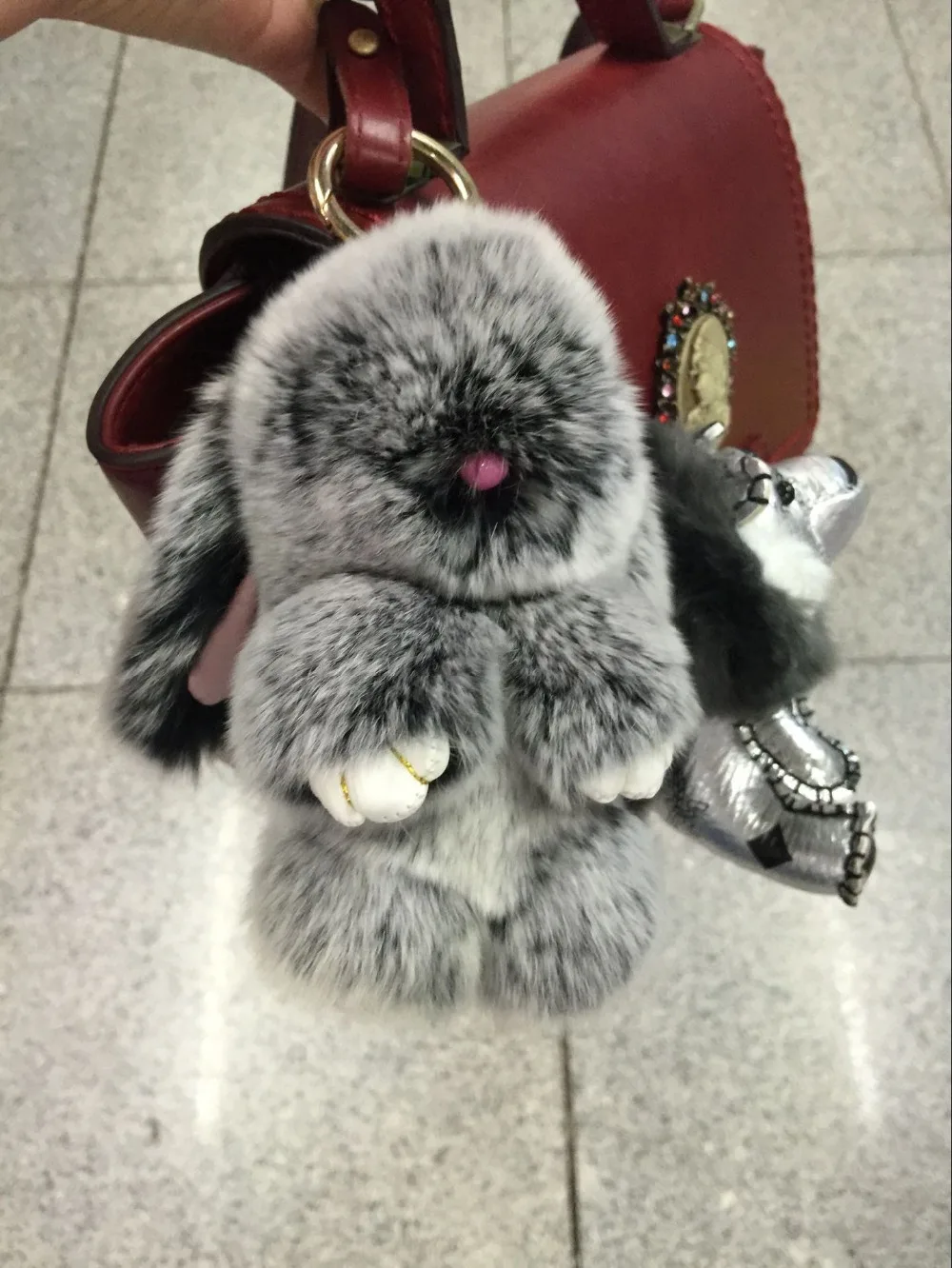 Genuine Leather Bag Charm Lion Keychains Plush Keyring Gray Bunny Real