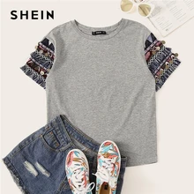 SHEIN, народный стиль, бахрома, отделка, Heathered Tee, Повседневная футболка, женская,, летняя, короткий рукав, эластичная, Boho, Милая футболка, топы