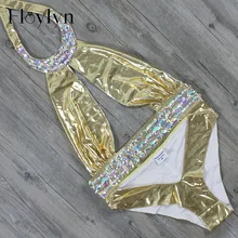 Floylyn Роскошный Горный Хрусталь Цельный Женщины Купальник Штемпелевать Золота Купальный Костюм Кристалл Алмаза Партии Купальники Секси 
