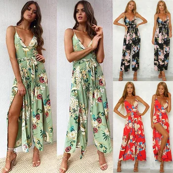 

Summer 3-colour fashion print suspender sexy side split women's union pants 0903