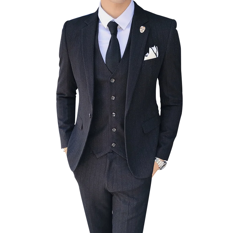 Fashion Mens Striped Suit Three piece Set Black Gray Navy Blue