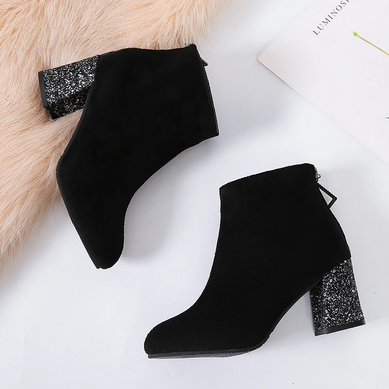 Ceny Moda kobiety buty flokowane, na wysokim obcasie 7CM botki kobiece cekiny kwadratowy obcas zimowe gumowe Botines buty Botines Mujer 2020