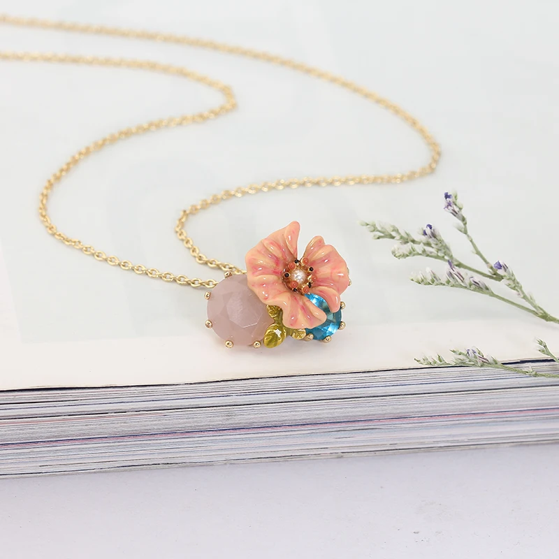 

France Major Enamel Naked Pink Colour Flower Blue Crystal Opal Necklace Clavicle Chain Woman Gold New Product Be Listed