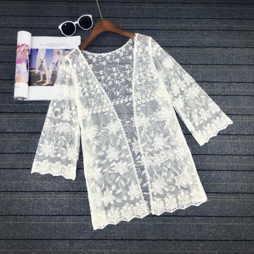 

2017 summer spring Women Lace Crochet Flower Loose Color Pullover Top half sleeve tunic lace elegant casual cardigan