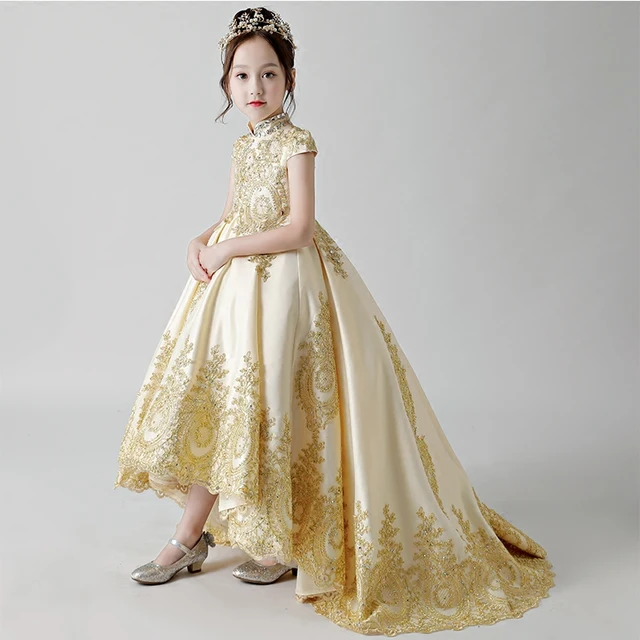 2018 New Luxury Children Girls Fashion High Quality Golden Embroidery Lace Birthday Wedding Party Long Tail Dress Kids Teenagers