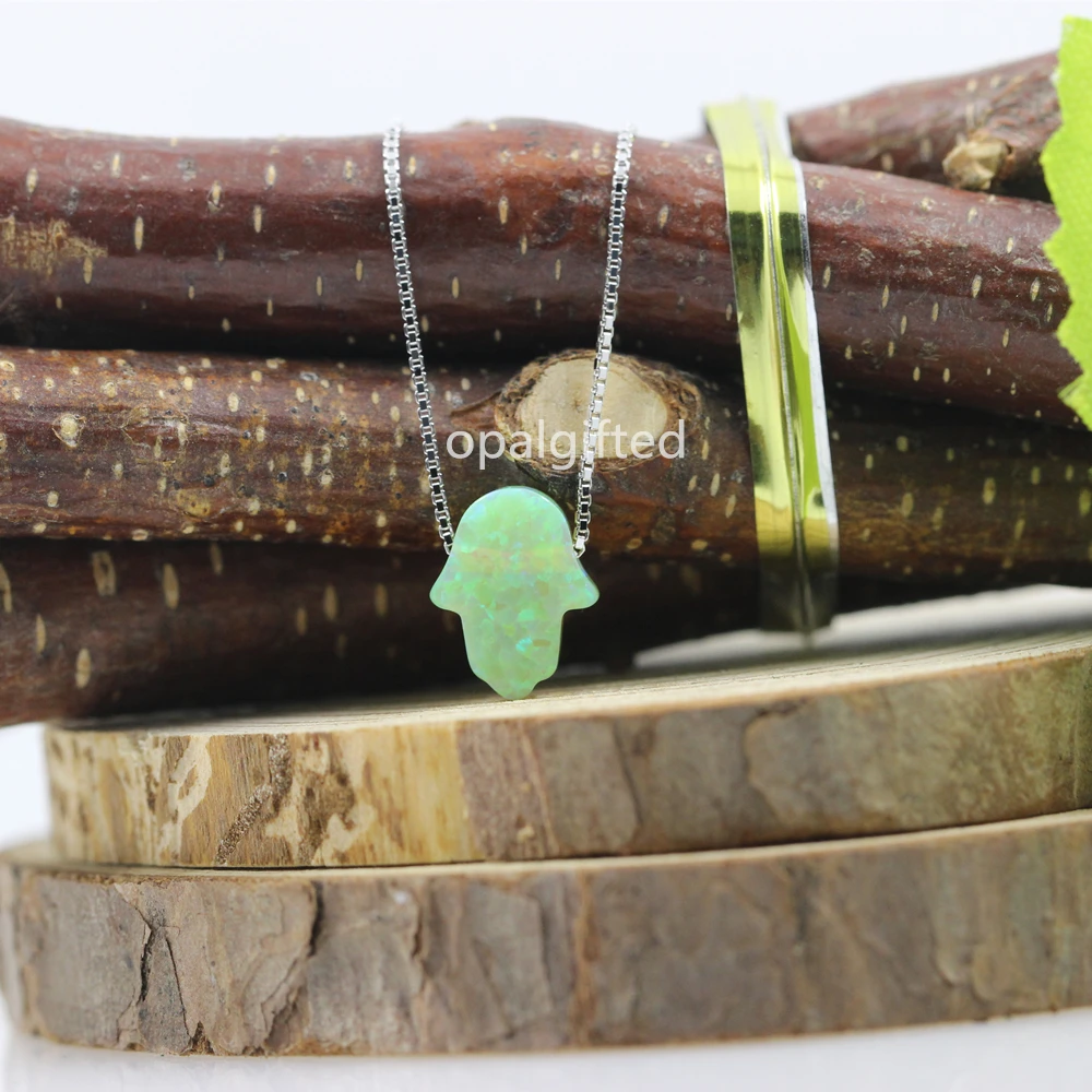 1pc/Lot 8*10mm Opal Hamsa Hand Necklace 925 Sterling Silver Box Chain Lab Crerated Fire op12 Lime Green | Украшения и аксессуары