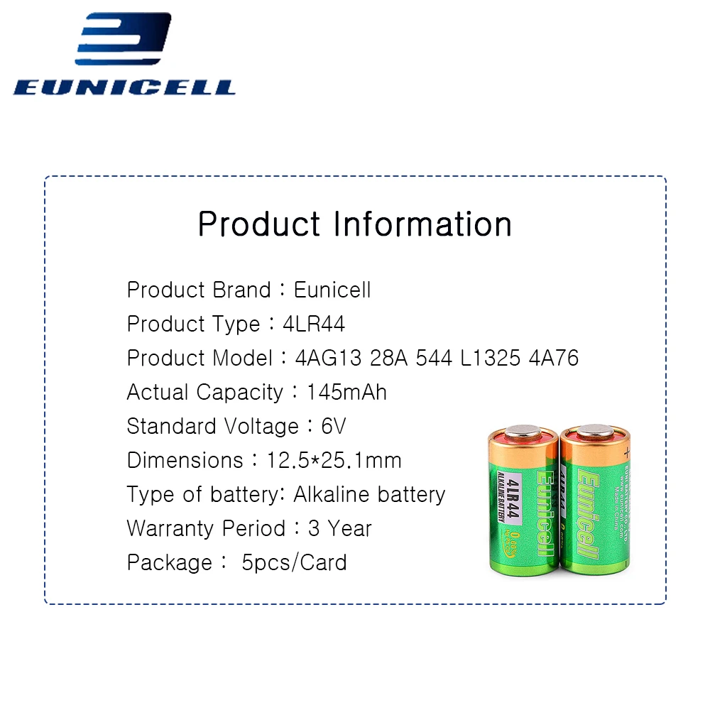 100 шт = 20 карт Eunicell 6В 4LR44 батарея 4A76 A544V 4034PX PX28A L1325 4AG13 6 VAlkaline обязанность батареи
