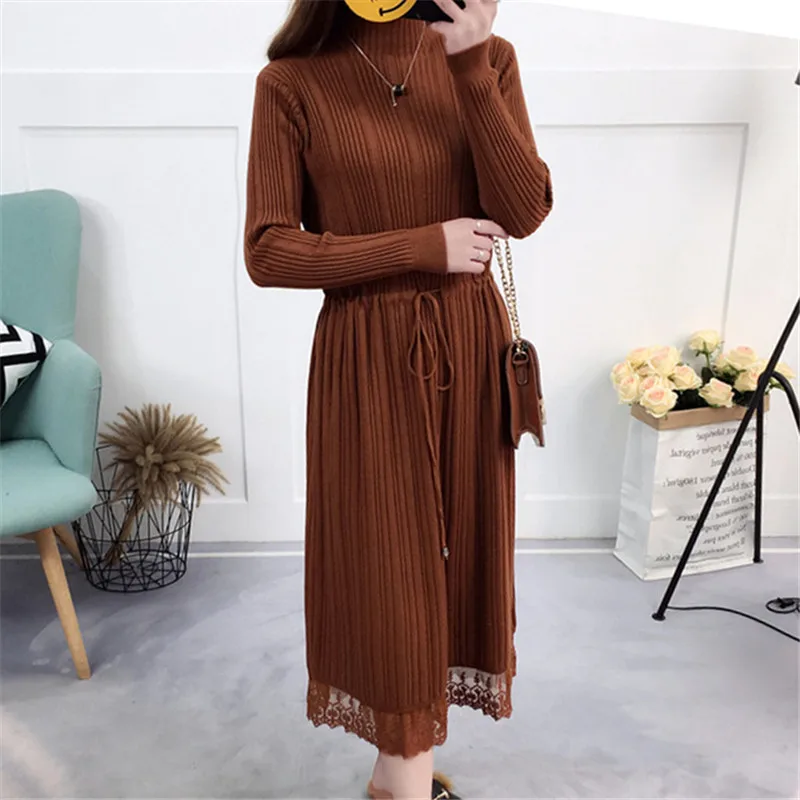

Knitted Midi Dress Women Autumn 2018 Long Sleeve Solid Knitting Dresses Female Turtleneck Lace Party Dress Casual Clothes