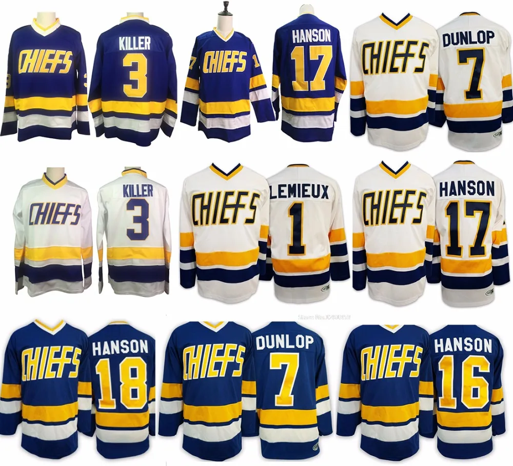 

Ice Hockey Jerseys #16 #17 #18 Steve Hanson Brothers Slap Shot Jersey #1 lemieux Charlestown Chiefs #3 #7 Retro Stitched Jersey