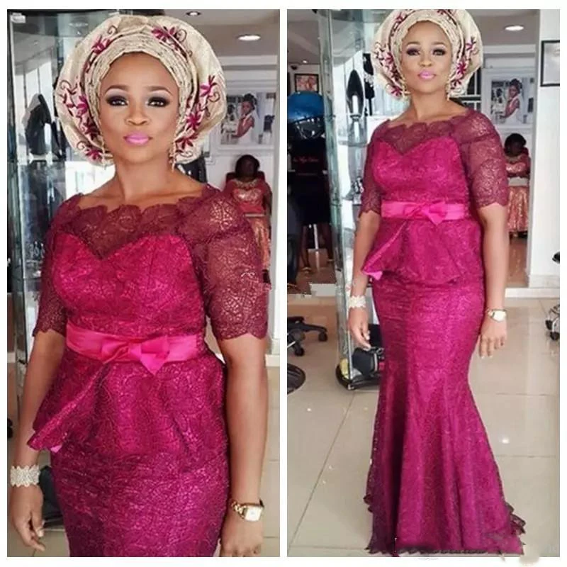 Aso Ebi фуксия вечерние платья русалки 2019 с коротким рукавом кружевные баские для