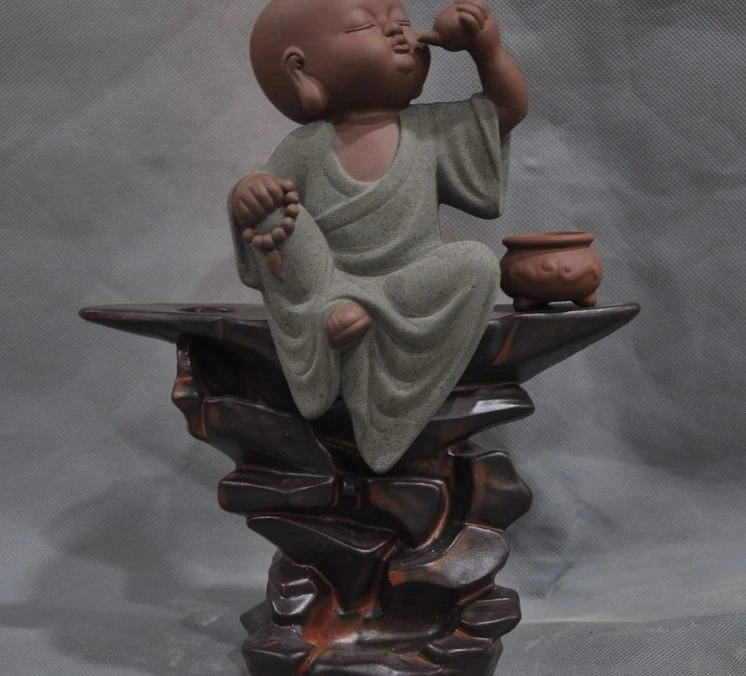 

9"Chinese Buddhsim Temple Zisha Pottery Carved Pray Monk Drink tea Buddha Statue