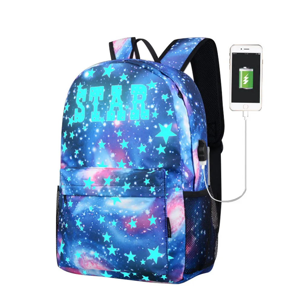 2 paragraph Teen Girls Galaxy School Bag Noctilucent Backpack Collection Canvas USB Charger Star